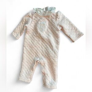 Janie and Jack Baby Girl Pink Quilted Crest Romper EUC Peter Pan Collar 0-3